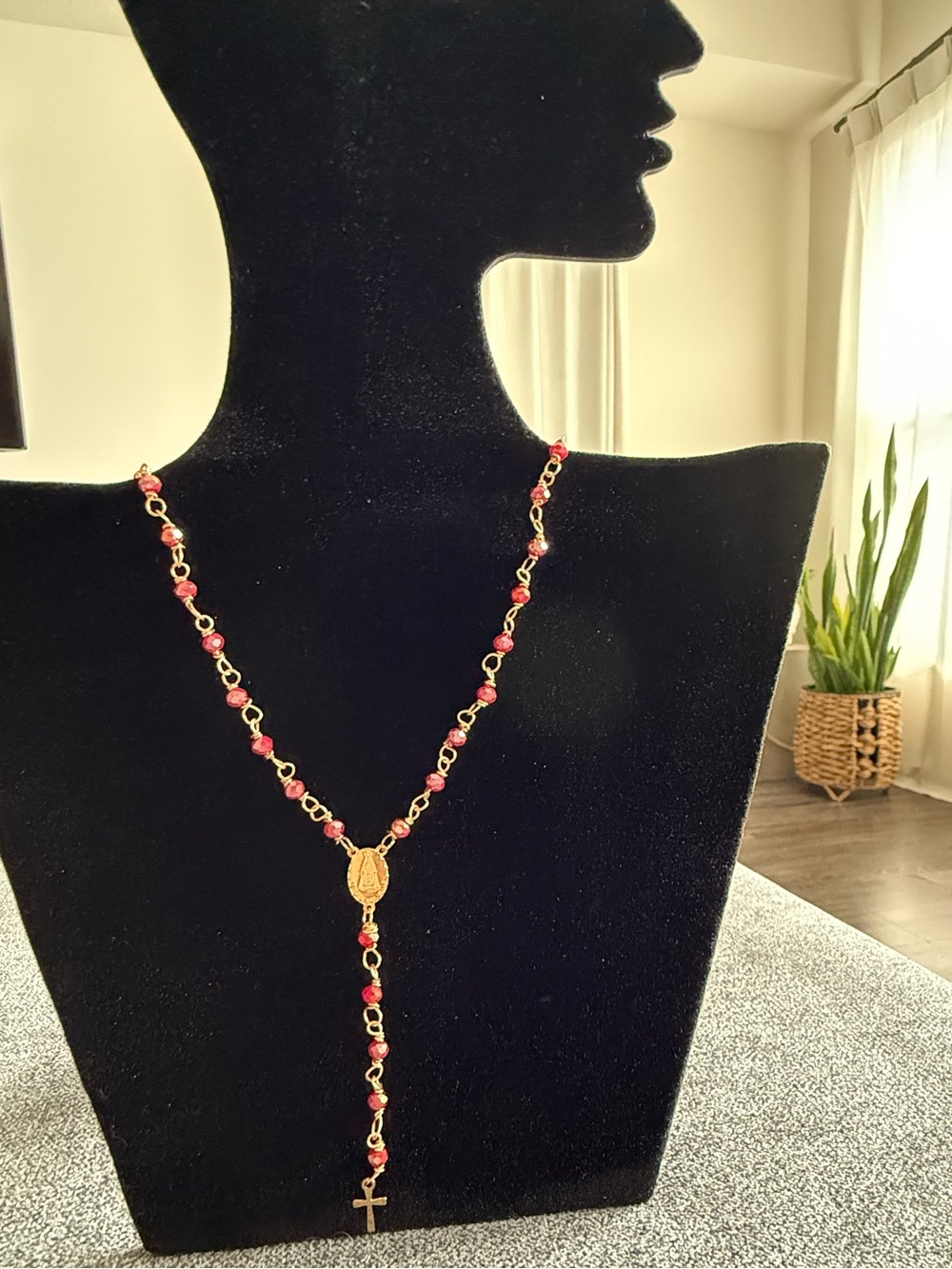 Gold-Tone Red Beaded Rosary Necklace